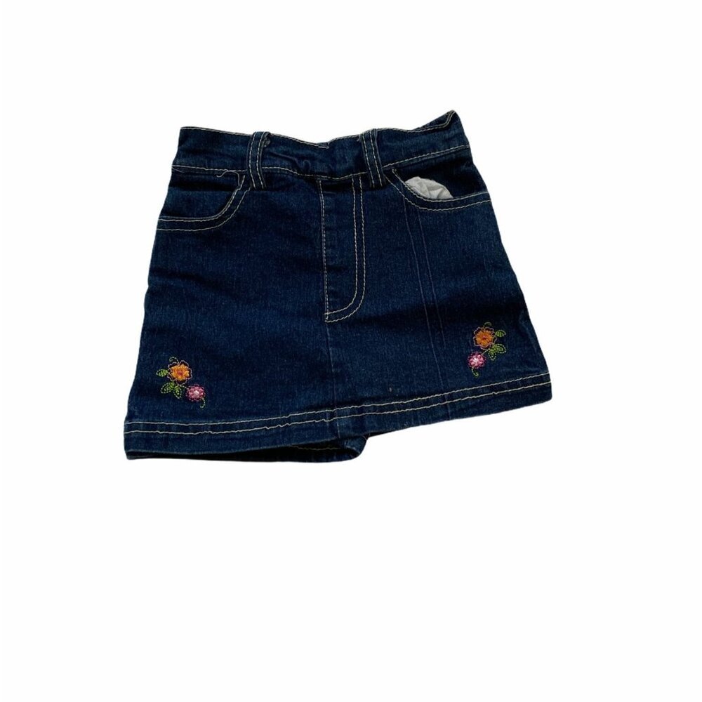 2B Real Denim Skort Baby Girls 18 Months Blue Floral Embroidery Elastic Waist